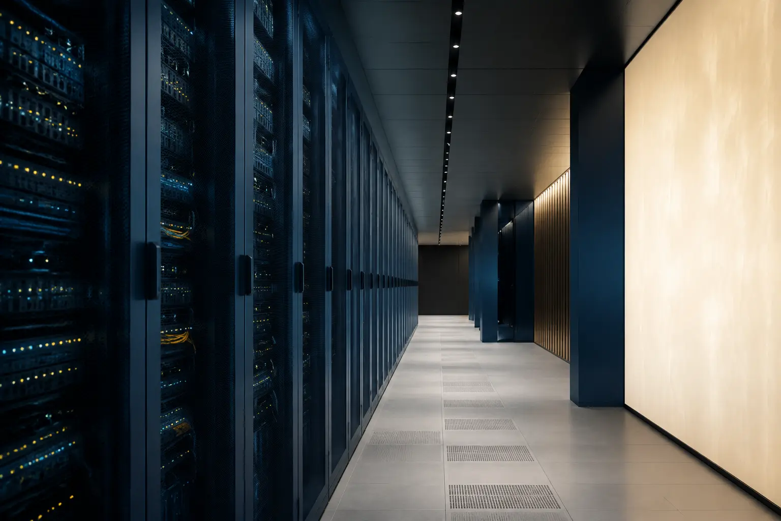 A modern data center with orderly navy server cabinets and warm architectural lighting.