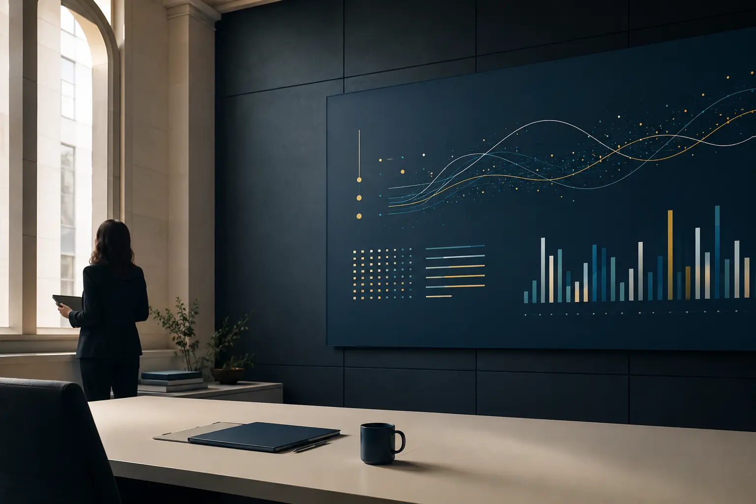 An executive analytics room with refined charts displayed against a navy wall.