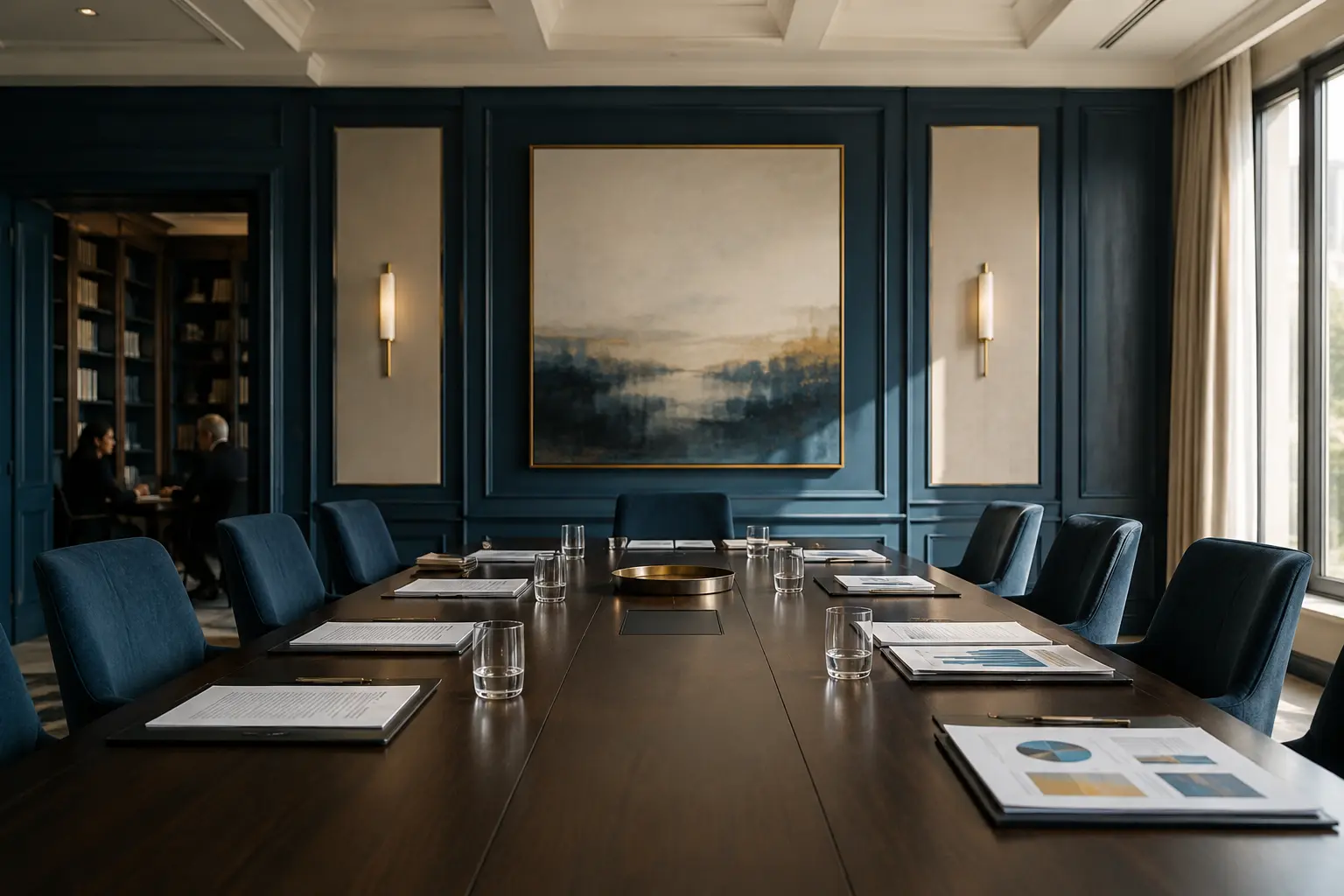 An elegant navy boardroom prepared for a strategic leadership session.