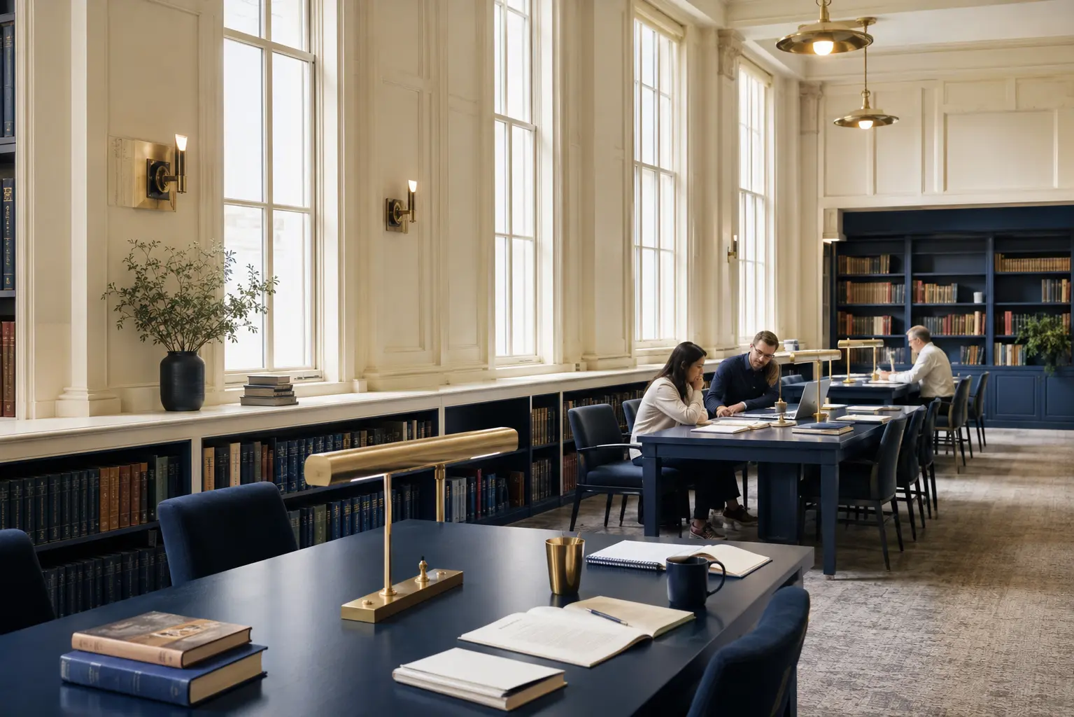 Researchers working together in a bright university library with navy reading tables.