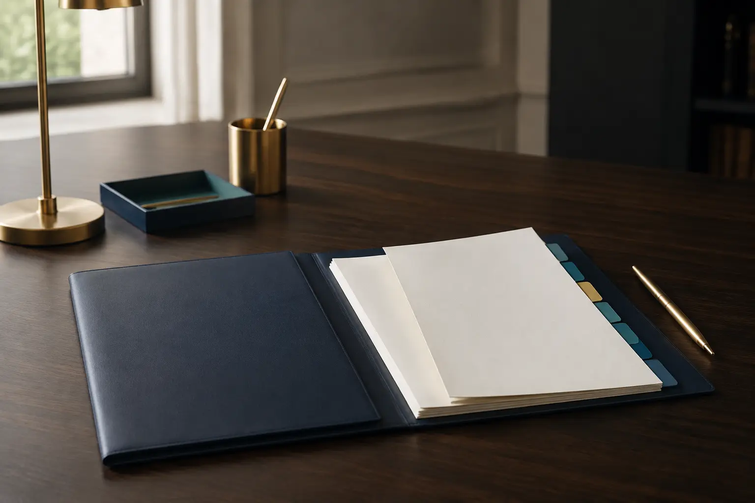 A navy contract folio with ivory pages and orderly review tabs on a dark wood table.
